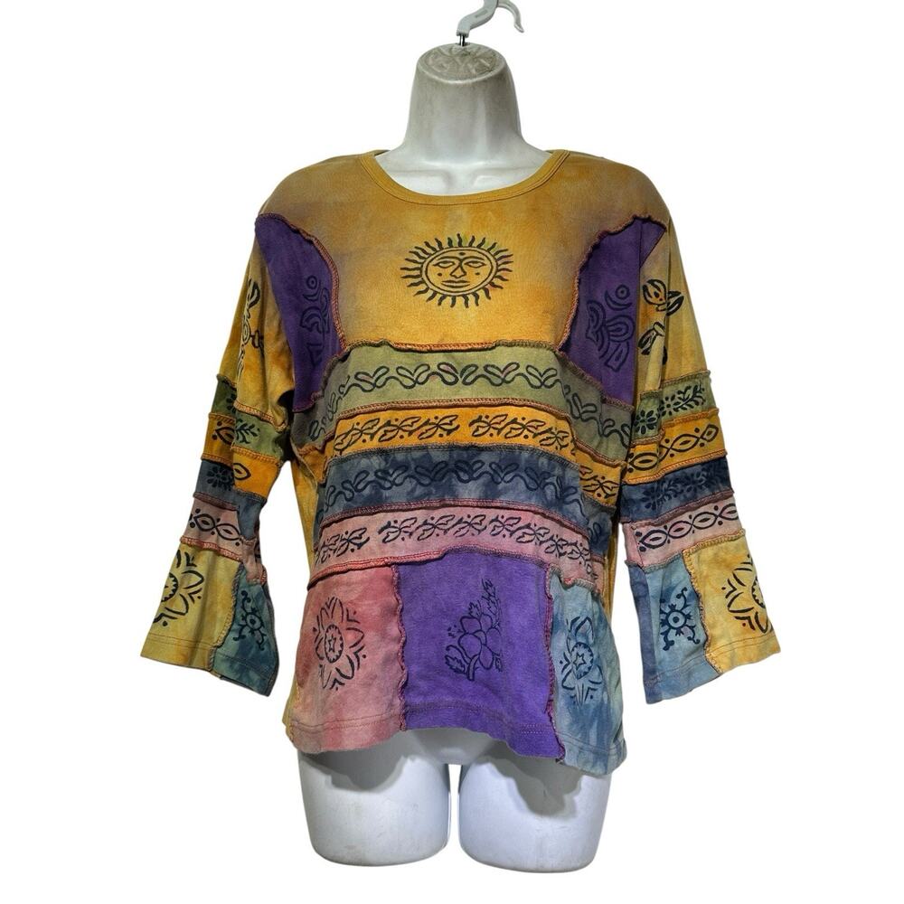 Rising International OM Patchwork Tie Dye Boho Hippie Festival Top Womens Size L